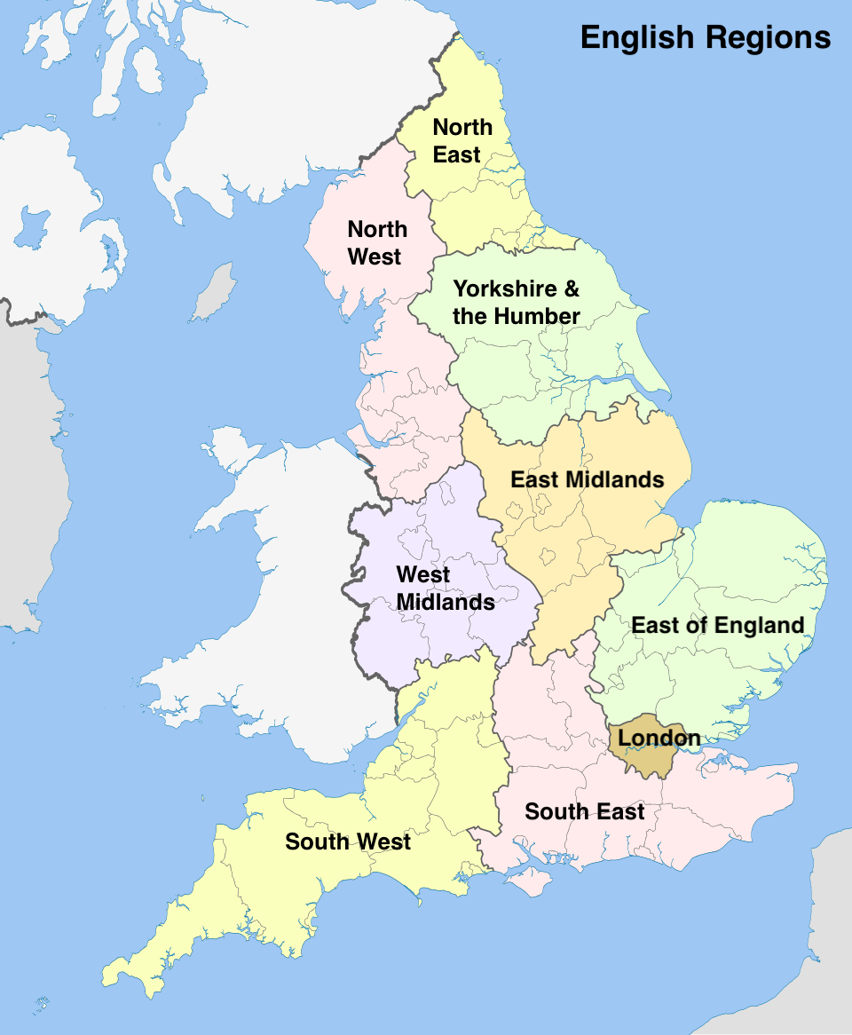 Map showing the nine English regions